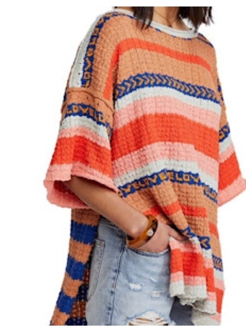 Free People Boxy Striped Knit Top in Coral, Peach & Navy